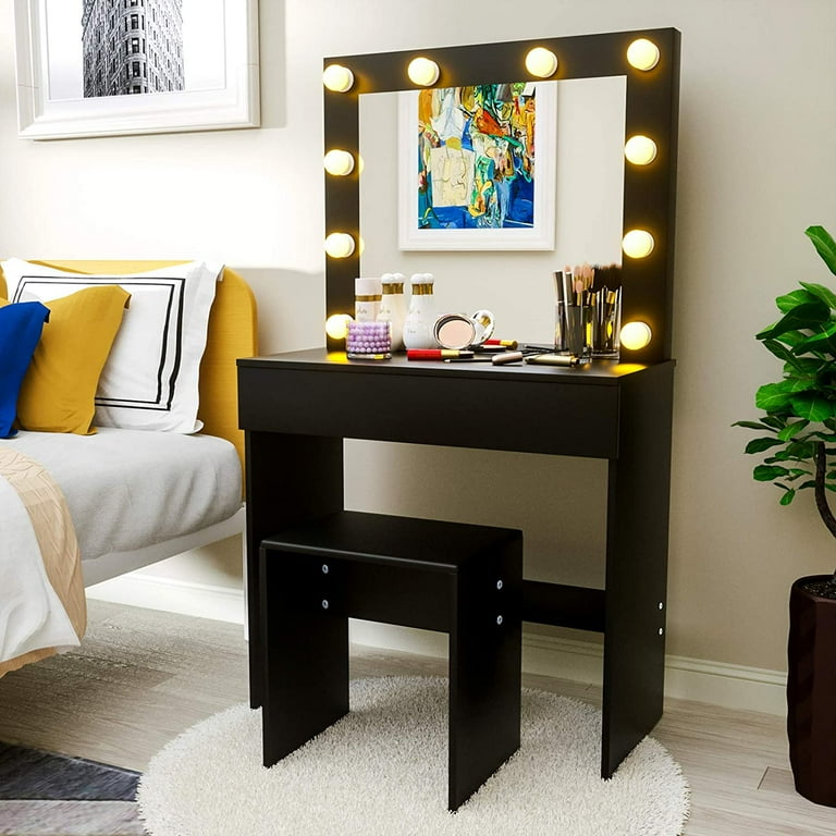 Mecor LED Dressing Table Makeup Vanity Table w 10 LED Lights Mirror Vanity Set with Stool Drawer Wood Dressing Table Bedroom Furniture Girls Women