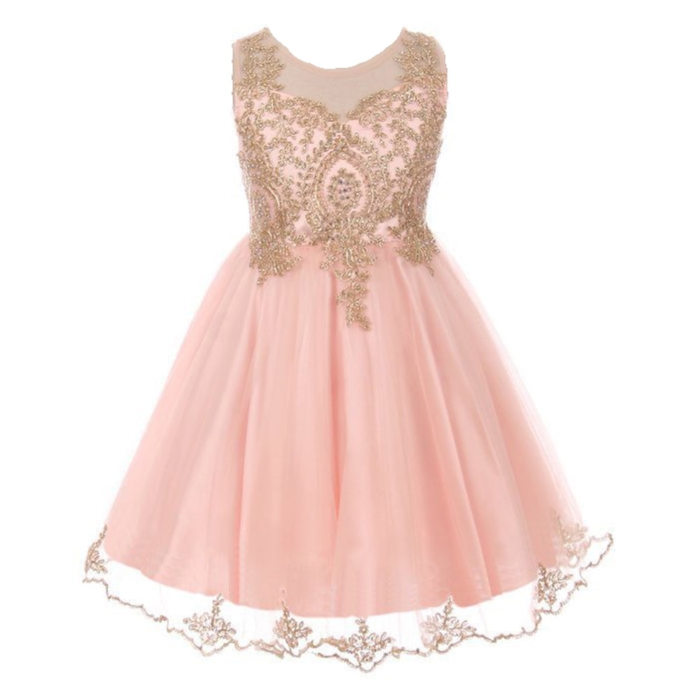 Little Girls Blush Gold Sparkle Rhinestone Adorned Tulle Christmas