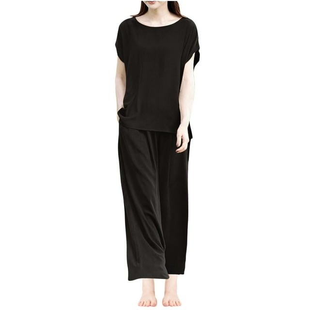 Timegard Lounge Sets for Women Plus Size Short Sleeve Tops Straight Leg Pants with Pockets Loose Outfits