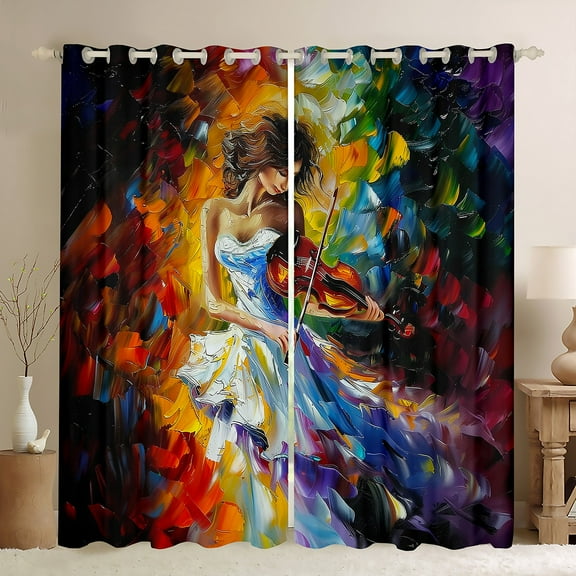 Manfei Violin Princess Black Out Curtains for Teens, Modern Fashion Curtains Pack of 2 (42x63 Each), Oil Printing Artwork Bedroom Curtains, Curtains and Drapes Bedroom Decor