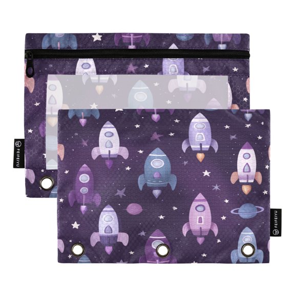 2 Pack 3 Ring Binder Pouch with Clear PVC Window Water Resistant Zipper Pencil Pouch Cute Space Rocket Pattern Binder Pocket for Classroom Office Home Stationery Organization