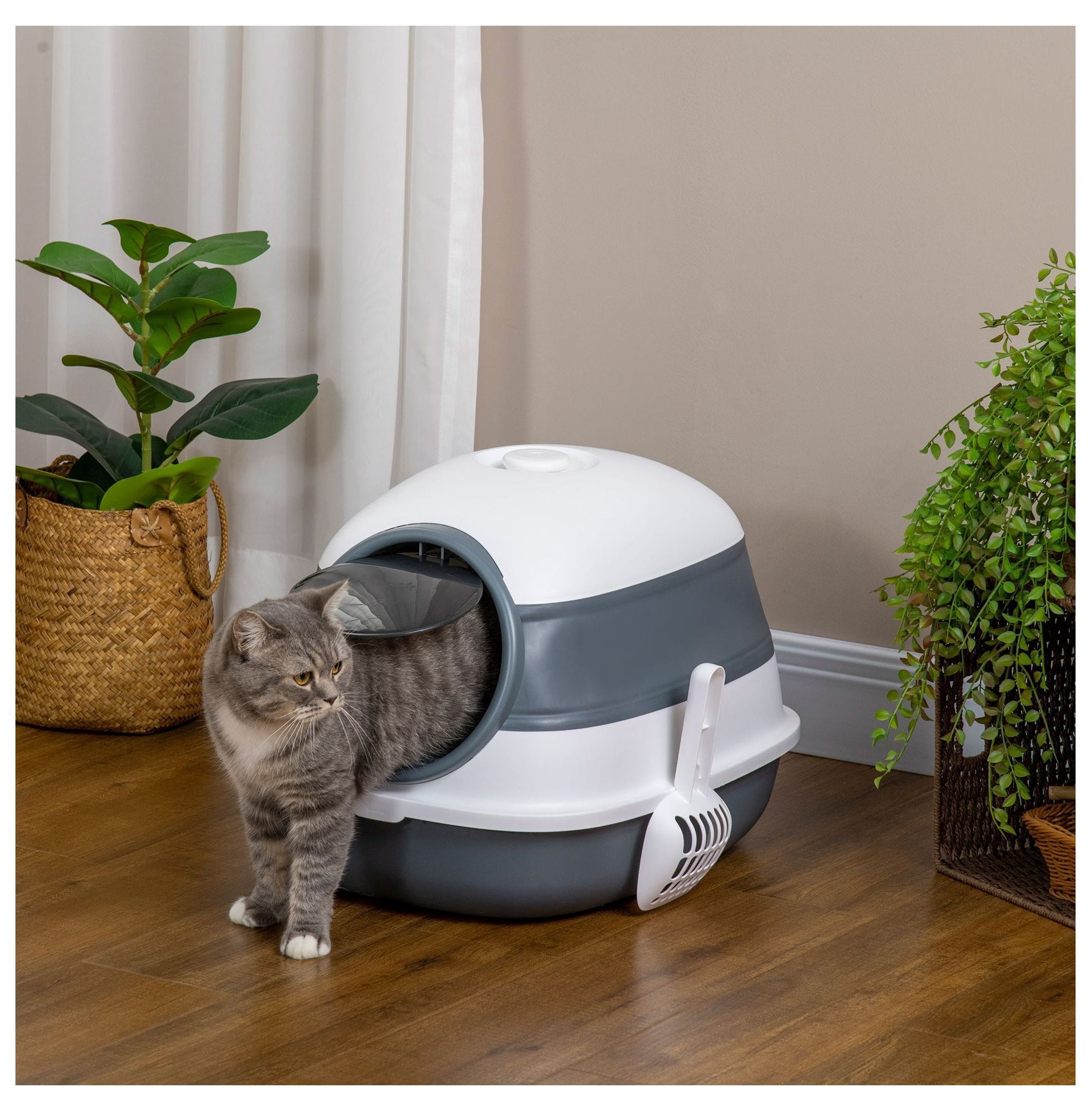 Cat Litter Box Covered, Dome Design with Door, White & Gray - Enclosed Pet Toilet for Privacy, Odor Control & Easy Cleaning