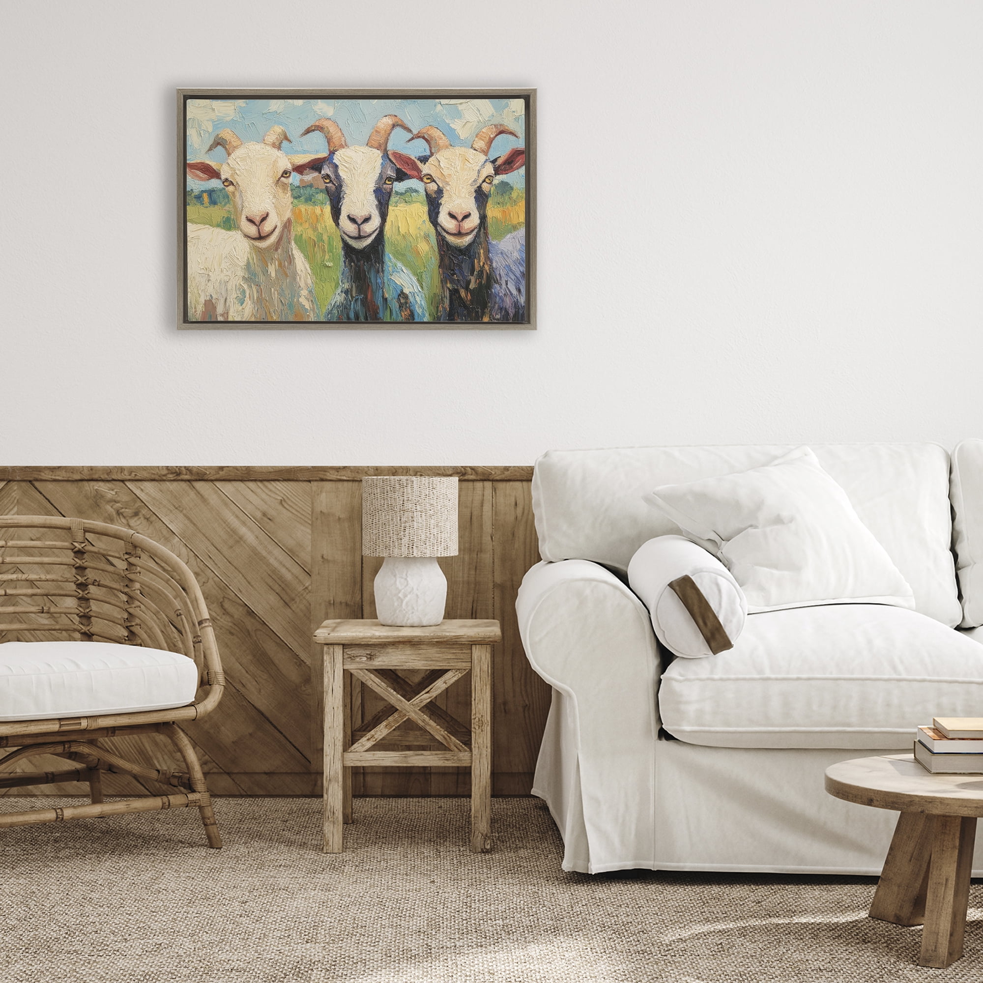 Stupell Industries Billy Goats in Bright Pasture Brown Framed Floater Canvas Wall Art, design by Petal Prints Design