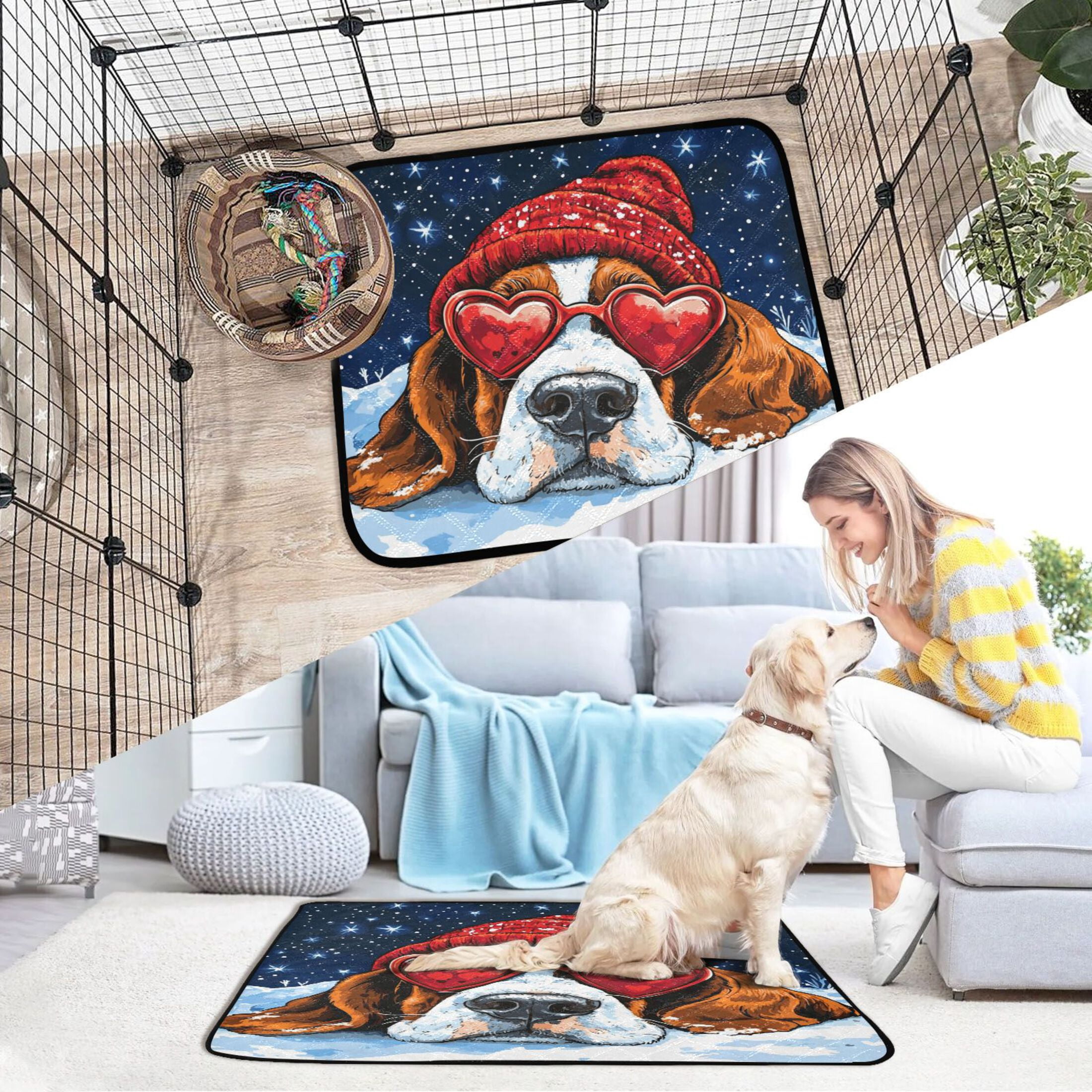Qxltty Snow Basset Hound Cat litter Pads Pet Set of 2 Diaper Mats Center Anti-leakage Layer Absorbent Soft and Comfortable