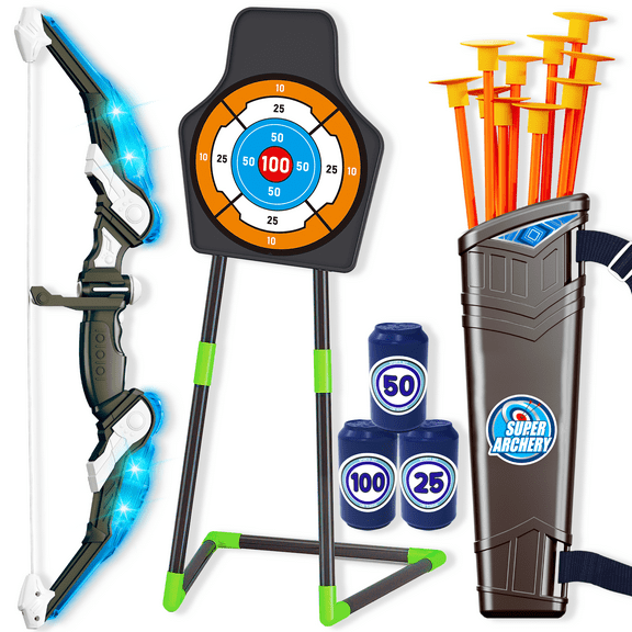 LED Bow and Arrow for Kids Light Up Archery Toy Set with 10 Suction Cup Arrows 3 Target & Quiver Indoor Outdoor Garden Toys for Boys and Girls Blue