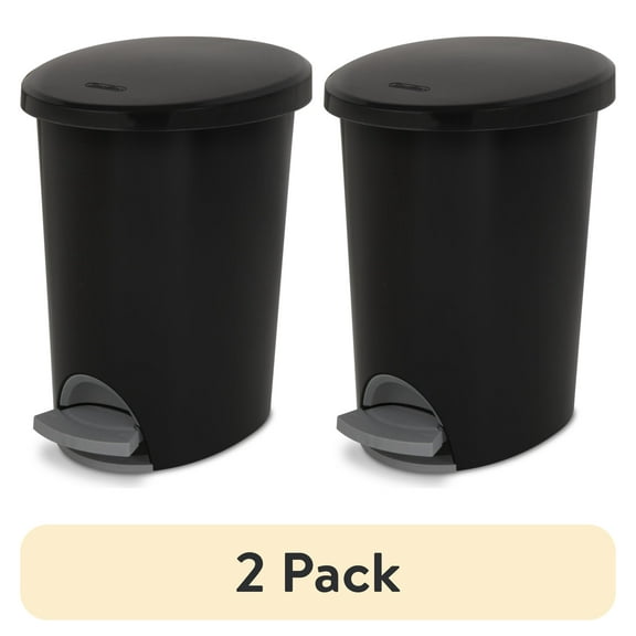 (2 pack) Sterilite Small Bathroom Trash Can, 2.6 Gallon Plastic Garbage Bucket Bin with Step Lid, Black