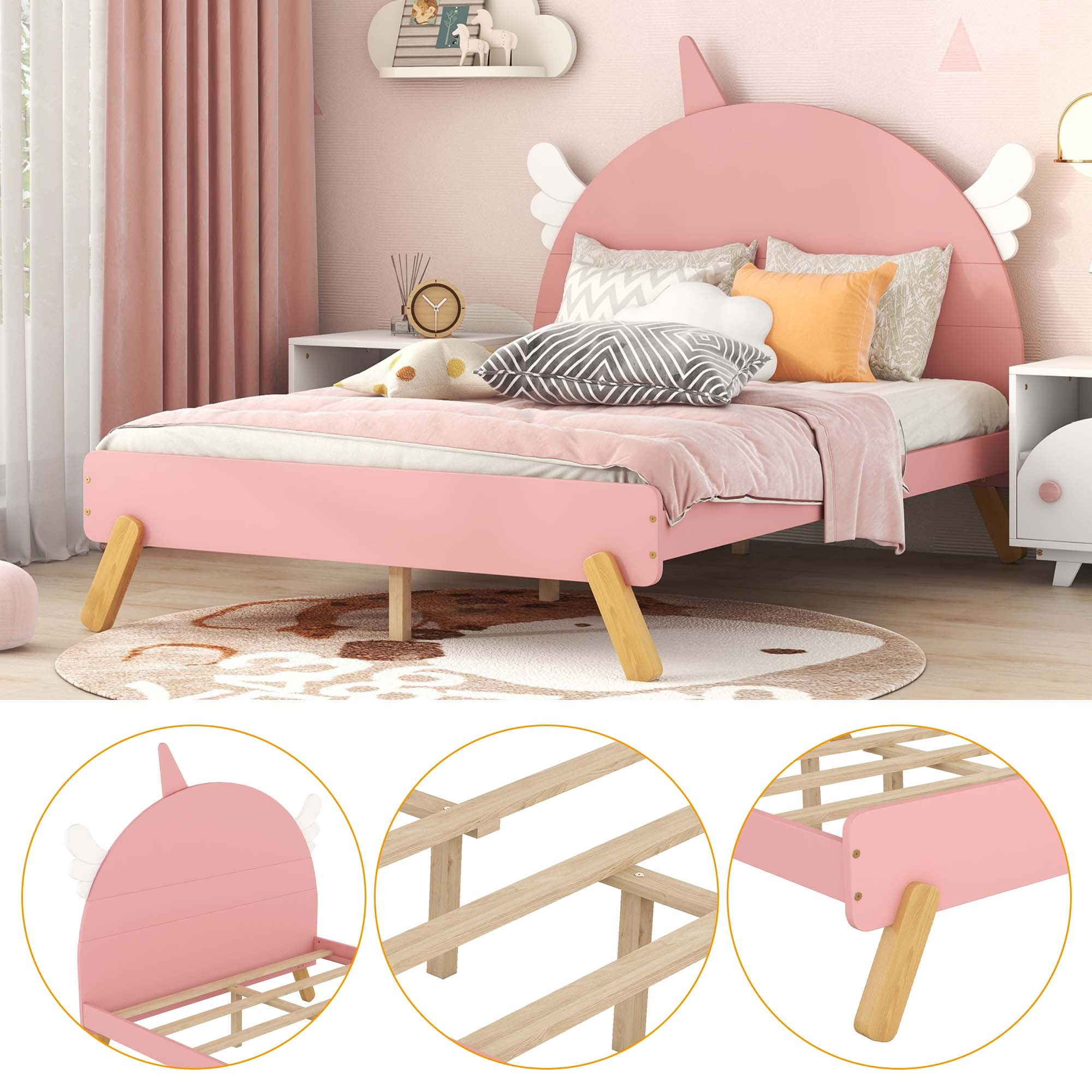 Aukfa Platform Bed with Unicorn Horn Headboard for Kids, Wood Full Size Bed Frame - Pink