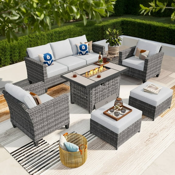 Ovios 6 Piece Outdoor Patio Sectional Furniture with 42" Fire Pit Table Rattan Wicker Conversation Set with Propane Gas Fire Pit Patio Sofa Outdoor Chairs for Backyard Balcony