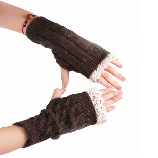 Guantes de lana con hermosos puños de encaje y mangas de encaje para mujer, guantes de punto cálidos de medio dedo para invierno