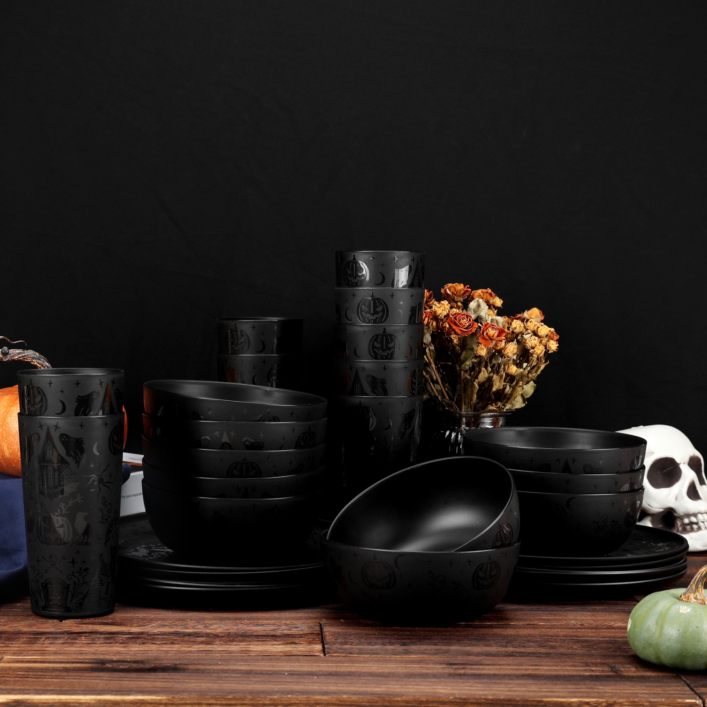 Mainstays Plastic Etched Halloween 30 Piece Dinnerware Set Black Walmart