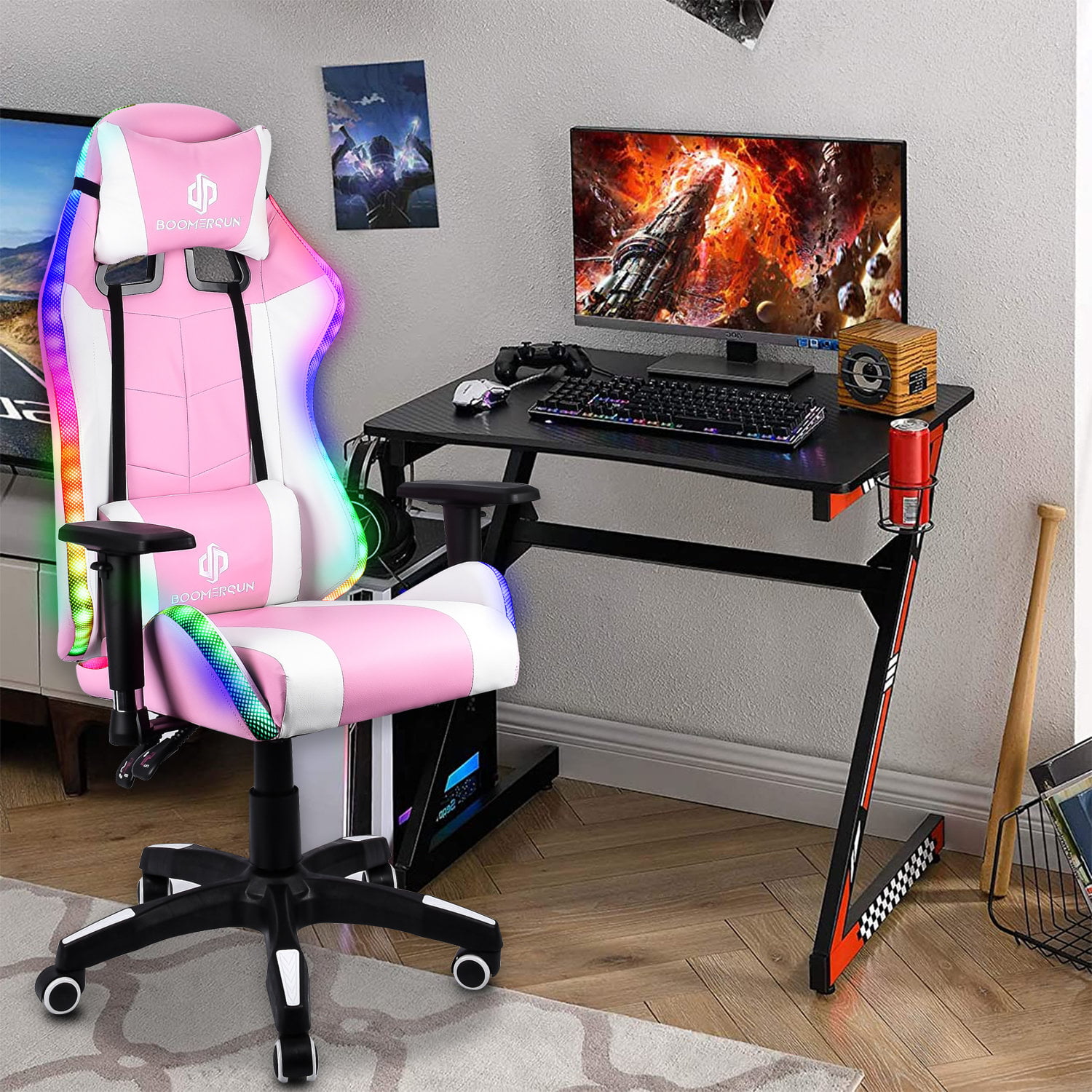 Boomersun Gaming Chair with RGB Light and remote control, Ergonomic Office Chair Backrest and Seat Height Adjustable 3D Armrests, Game Chair with Headrest and Lumbar Support - Pink - Walmart.com