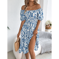 thumbnail image 4 of EASYBRA Women Floral A Line Dress Square Neck Short Sleeve Ruffle Waist Summer Midi Dress, 4 of 7