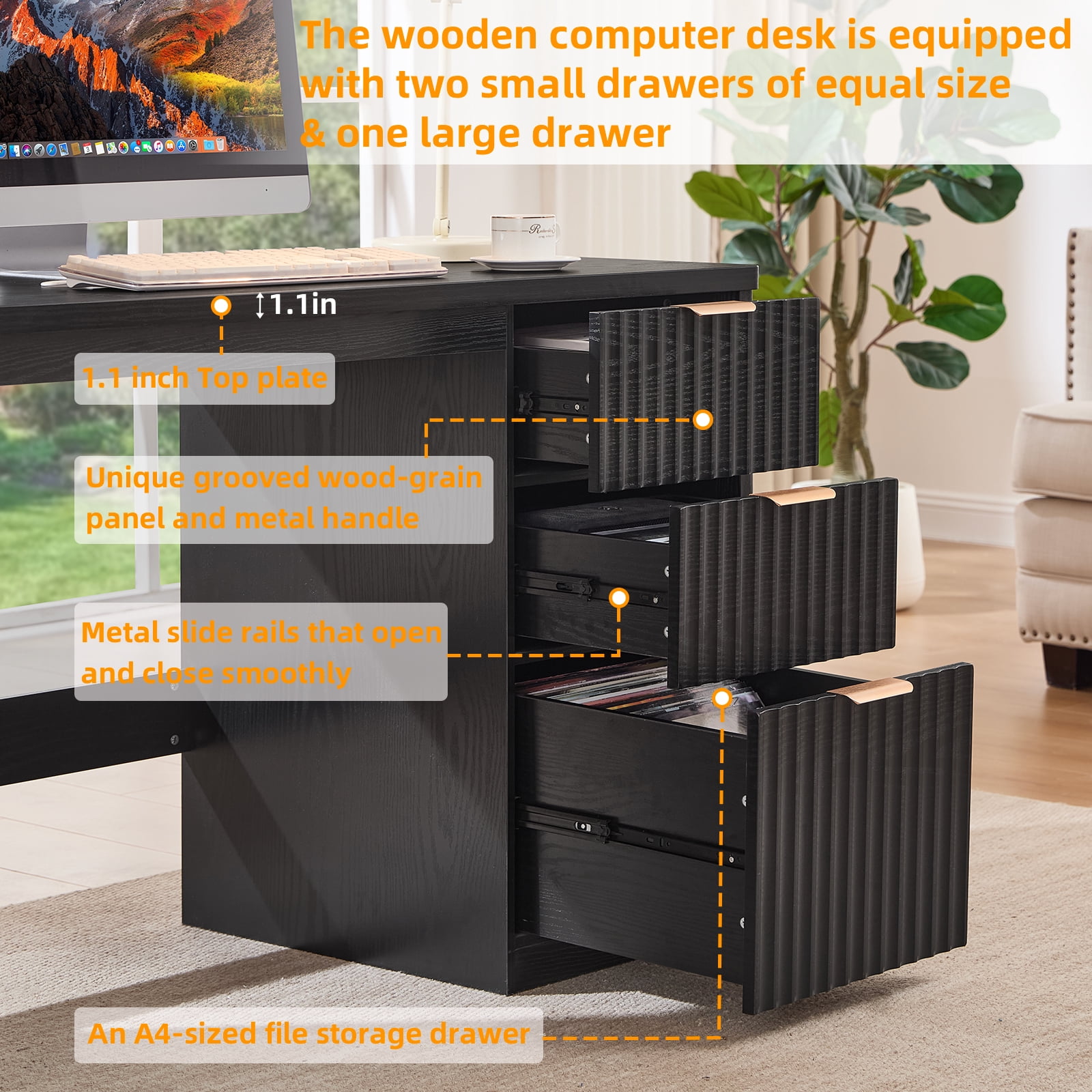 48" Fluted Executive Desk, Modern Wood Computer Writing Desk Home Office Desk with Metal Handles, Writing Table Storage Cabinet for Study, Black
