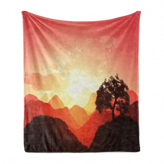 Mystic Soft Flannel Fleece Throw Blanket, Oriental Sunset View with Tree and Mountains Mystique Hills, Cozy Plush for Indoor and Outdoor Use, 50" x 70", Coral Orange Dark Brown, by Ambesonne