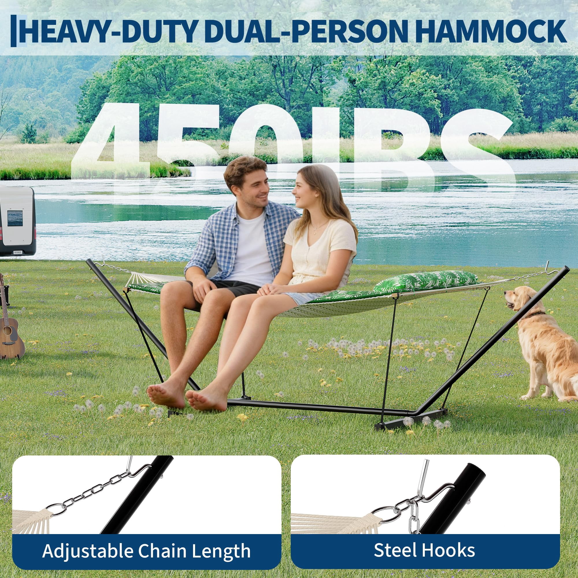 450 Lbs Capacity 2-Person Double Hammock with Stand - Portable Breathable Cotton Rope Hammock with Reversible Quilted Pad & Pillow for Patio, Garden & Camping