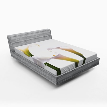 Flower Fitted Sheet Flourishing Calla Lilies on White Fresh Spring Bouquet Gentle Nature Theme, Soft Decorative Fabric Bedding, Green White Yellow, by Ambesonne