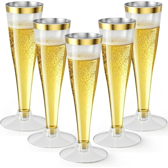Missunny-10 0 Pack Verres à Vin en Plastique Flûtes à Champagne Jetables, Verres Mimosa à Bord Doré de 4,5 Oz pour 2025 Fiançailles Mariage Anniversaire Réveillon du Nouvel An Fournitures de Fête de Noël, Gobelets à Cocktail en Vrac pour Griller