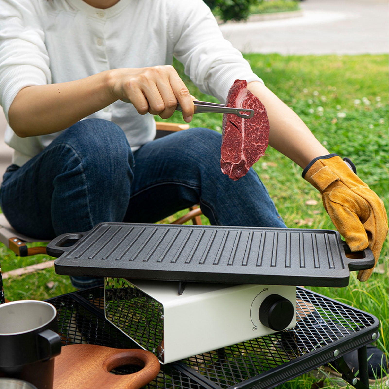 Yajisi 9.8”×18.1” Double‑Sided Iron Griddle Plate – Fast Even Heating, Reversible for Gas & Induction, Ideal for Outdoor Camping & Korean BBQ