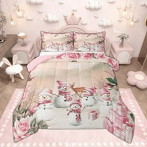 Manfei Cute Cartoon Snowman Bedding Comforter Set for Kids Girls, Chic Pink Rose Flower Twin Comforter Sets, Merry Christmas Gifts Bedding Set, Ultra Soft Home Decor, 2pcs Reversible