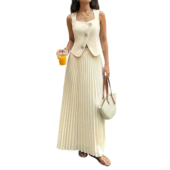 Women's Sleeveless Tank Solid Color Midi Set 2 Piece Skirt Outfit Top for Summer Casual Color S