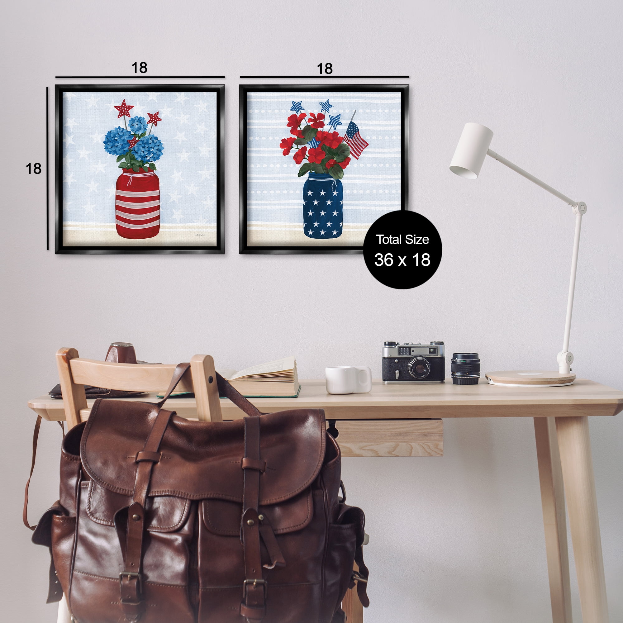 Stupell Industries Patriotic Stripes & Stars Florals Patriotic Painting Black Floater Framed Canvas Art Print Wall Art, 18 x 18, Set of 2