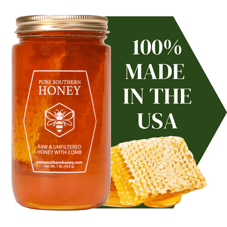 100% USA-Made Raw Unfiltered Honey with Honeycomb by Pure Southern Honey [ 1 lb] - Unheated