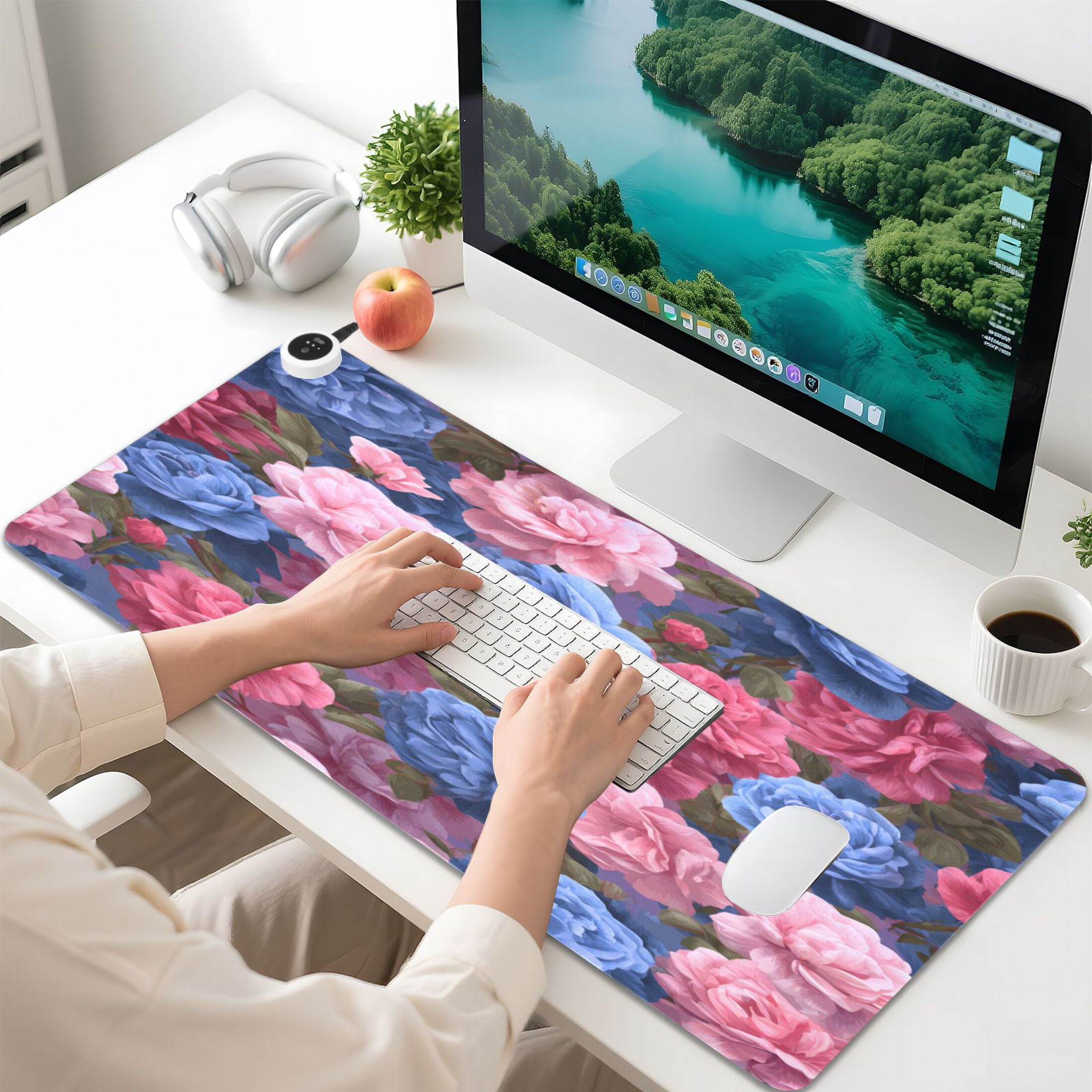 Large Heated Desk Mat Mouse Pad 31.5"x13"PU Leather Graphene Heating Desk Warmer with 3 Temperature Settings 110V US Plug Non-Slip Warm Pad for Home, Office, and Gaming Lush Peony Bouquet Print