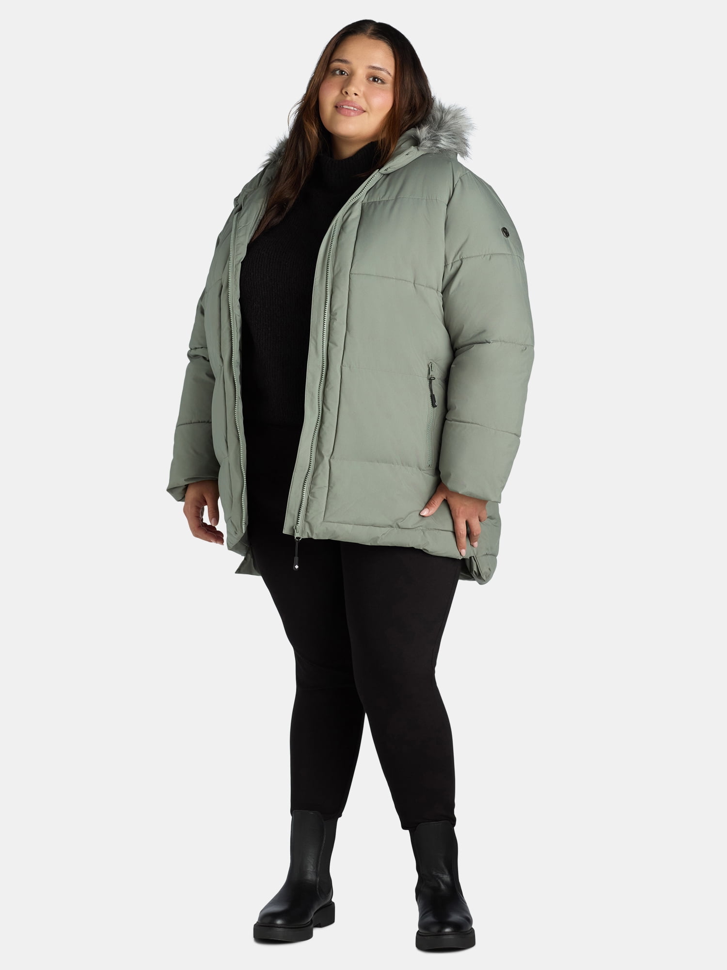 Big Chill Women's and Women's Plus Wide Quilted Puffer Coat with Faux Fur Trim Hood, Sizes S-3X