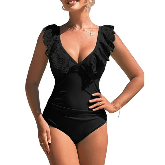 Charmo Women's Ruffle One Piece Swimsuits Tummy Control Bathing Suit Sexy V Neck Swimwear