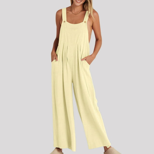 LOVZFMLL Combinaison Femme, Mode Été Unie Décontractée Camisole Poche Sans Manches Bretelles Combinaison Beige, P