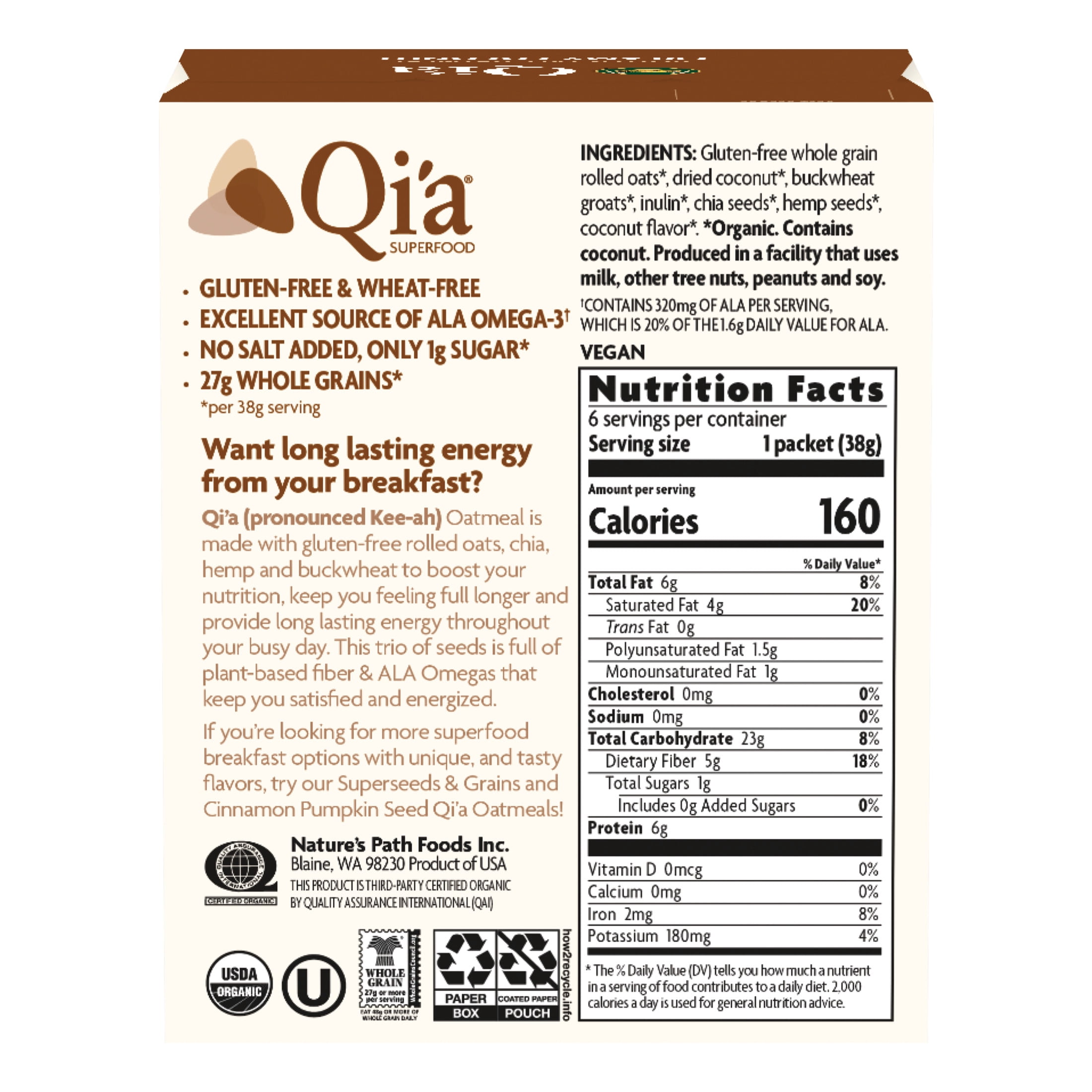 Nature's Path Organic Oatmeal, Creamy Coconut Instant, 8oz Box