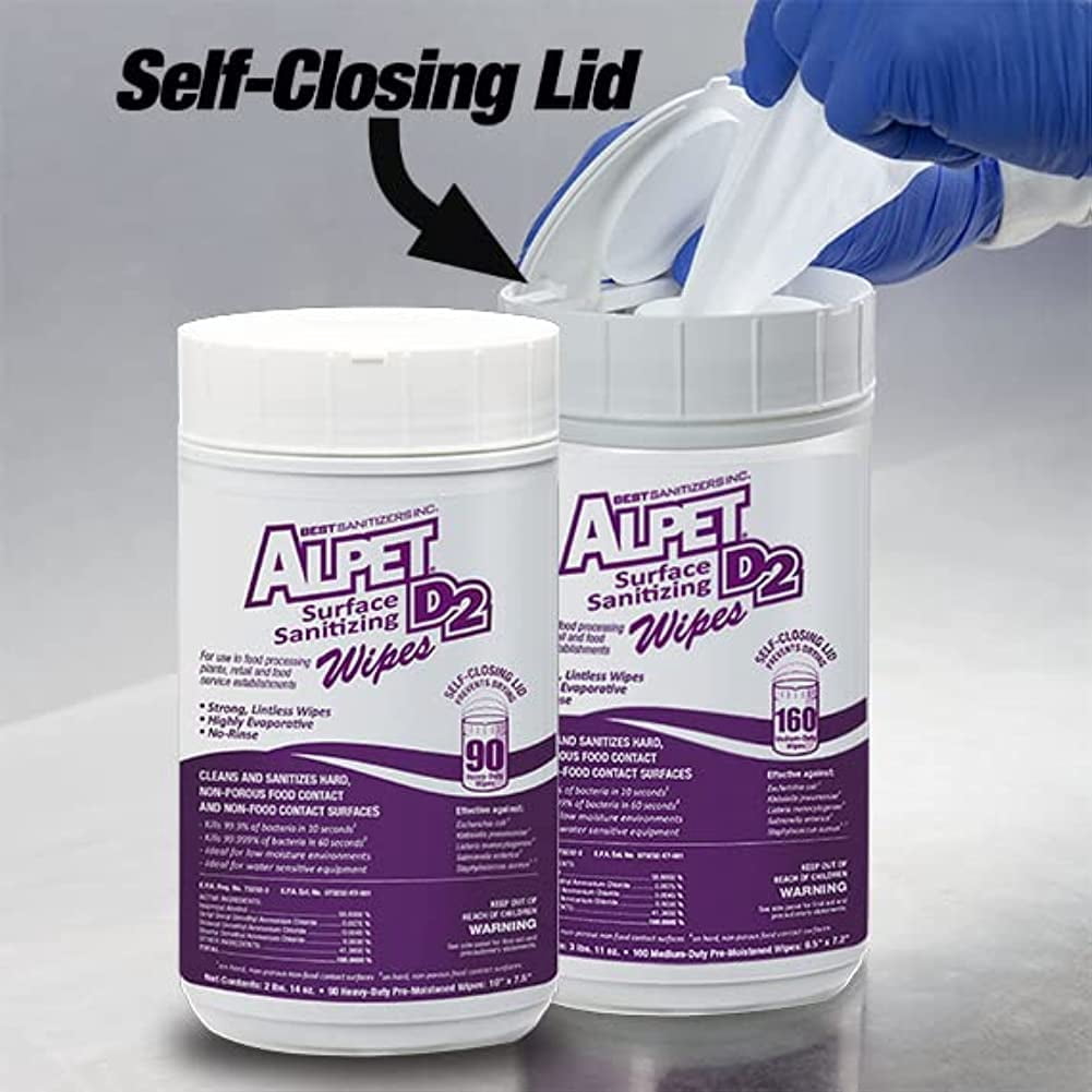 Alpet D2 Surface Sanitizing Wipes, Pre-Moistened - 160 Wipes (Case of 6)  - L72901 - Strong Lint-Less Wipes for Food Contact Surfaces, 960 Total Wipes