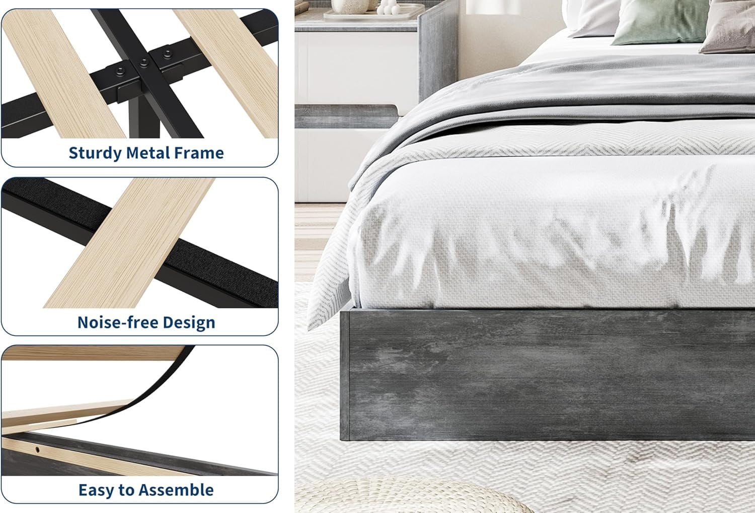 GarveeHome Twin-XL Size Wood Platform Bed Frame, Solid Wood, No Headboard, Floor-Standing, Sturdy Slat Support, No Box Spring Needed, Charcoal Grey