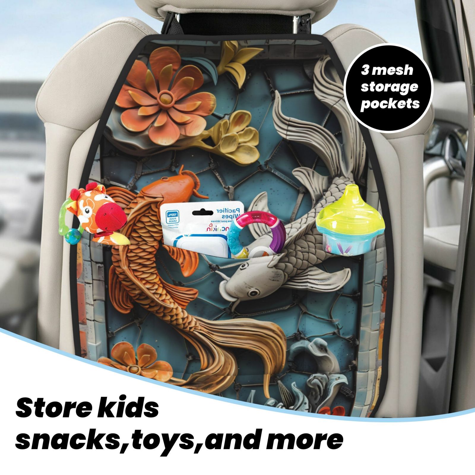 Kdxio Colorful Koi Fish Art Print 2 Pack Car Kick Mat Seat Cover Back Protector Mat with Pockets for Organizer Backseat Protector and Storage Anti Kick Pad for Vehicles