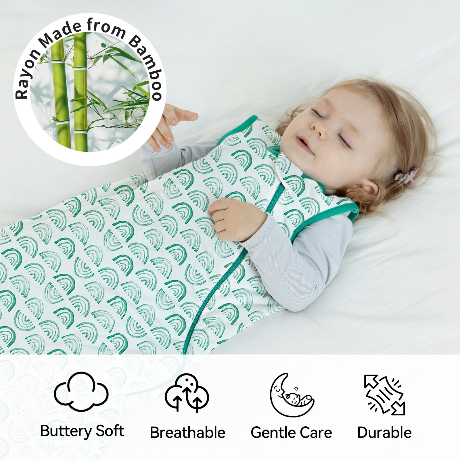 All-year-around Cute Baby Sleep Sack 6-12 Months Rayon Made from Bamboo Sleeping Bag 1.0 Tog Premium 2-Way Zipper Baby Wearable Blanket - Green Rainbow