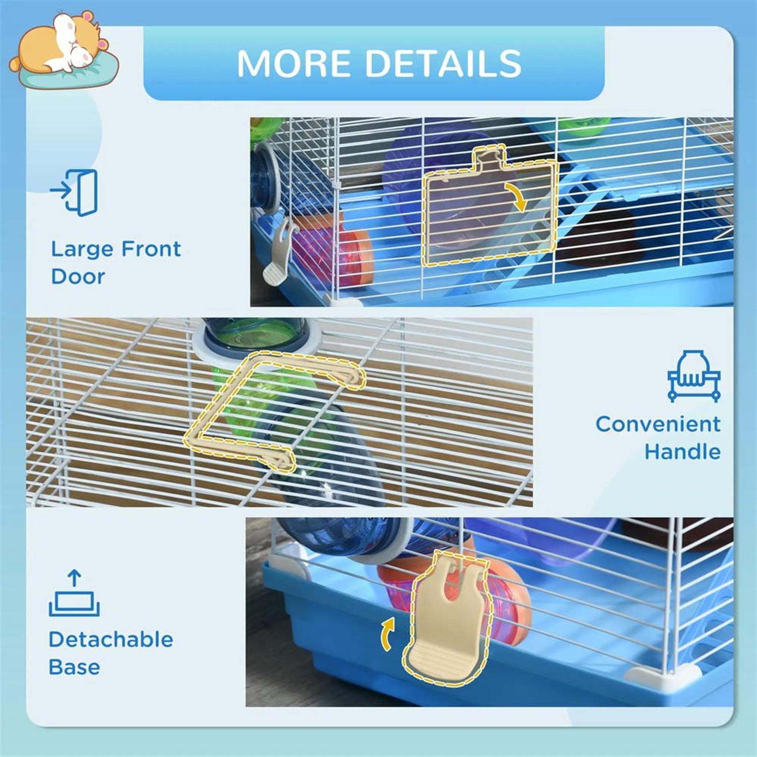 Kadyn 18" Large Hamster Cage, Gerbil Cage with Exercise Wheel, Water Bottle and Play Tubes for Syrian Gerbil, 2 Tiers Small Animal Habitats, Blue