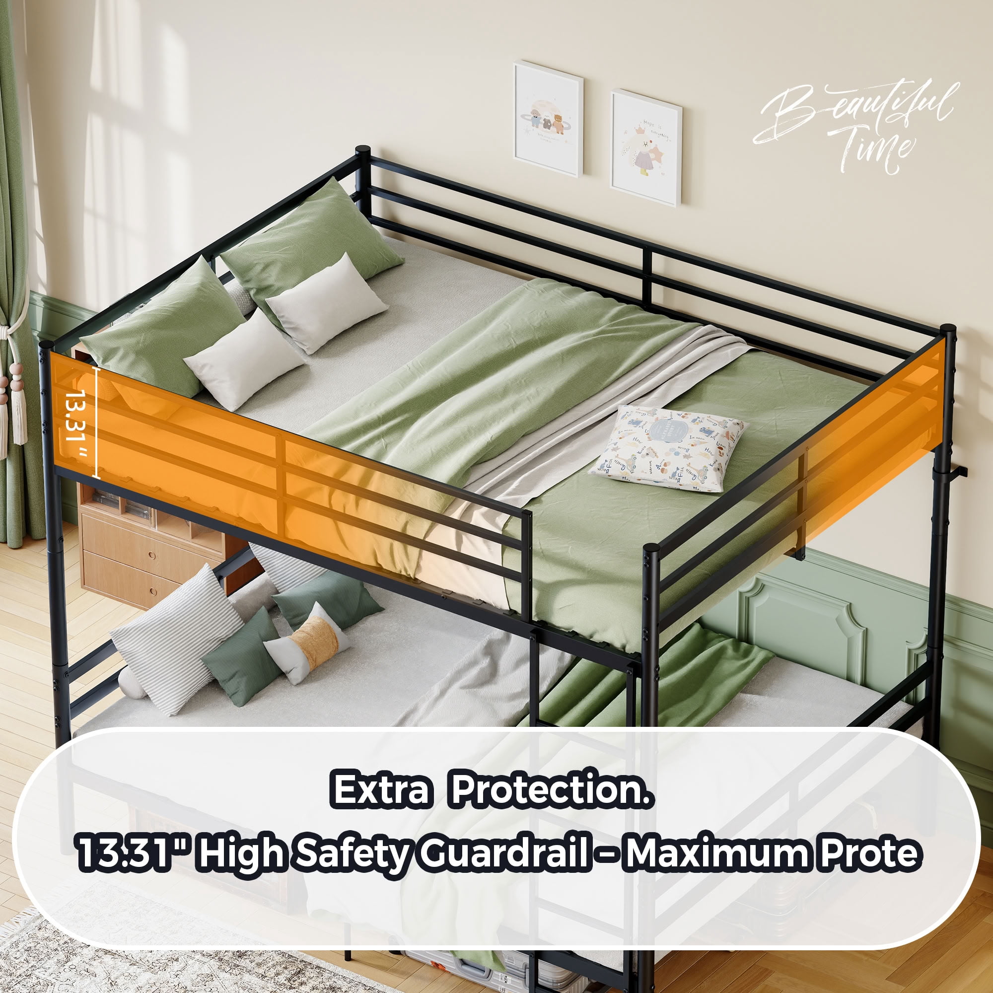 MAYEERTY Queen Over Queen Bunk Bed with Ladder and High Guardrails, Heavy Duty Metal Bed Frame Supports 550 lbs, Space-Saving Storage for Kids Teens Adults