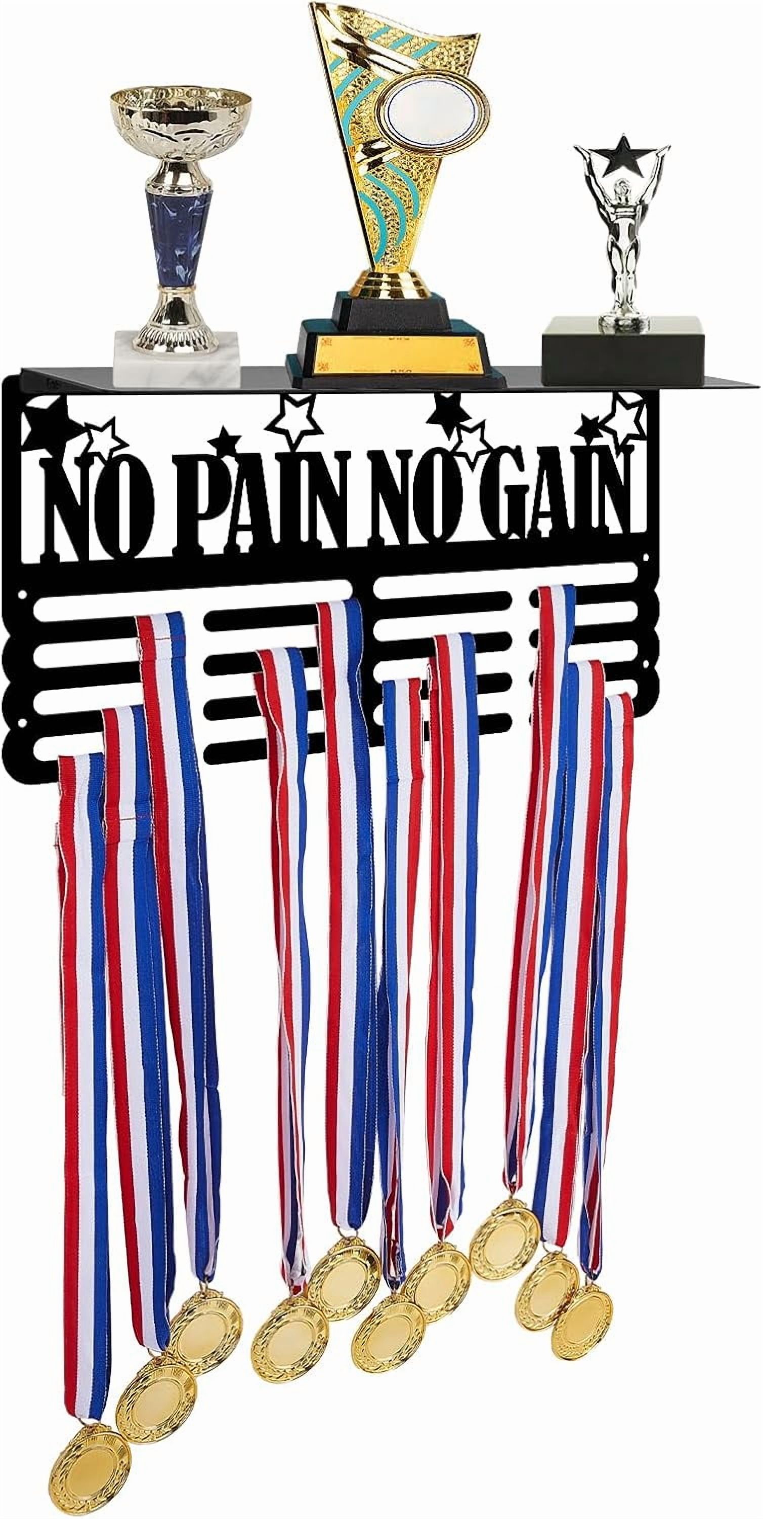 1set No Pain No Gain Trophy and Medal Display Shelf Stars Medal Hanger Display Trophy Shelf Sports Award Display Shelf for Wall Metal Wall Mount Award Ribbon Display for Athletes Black DIY