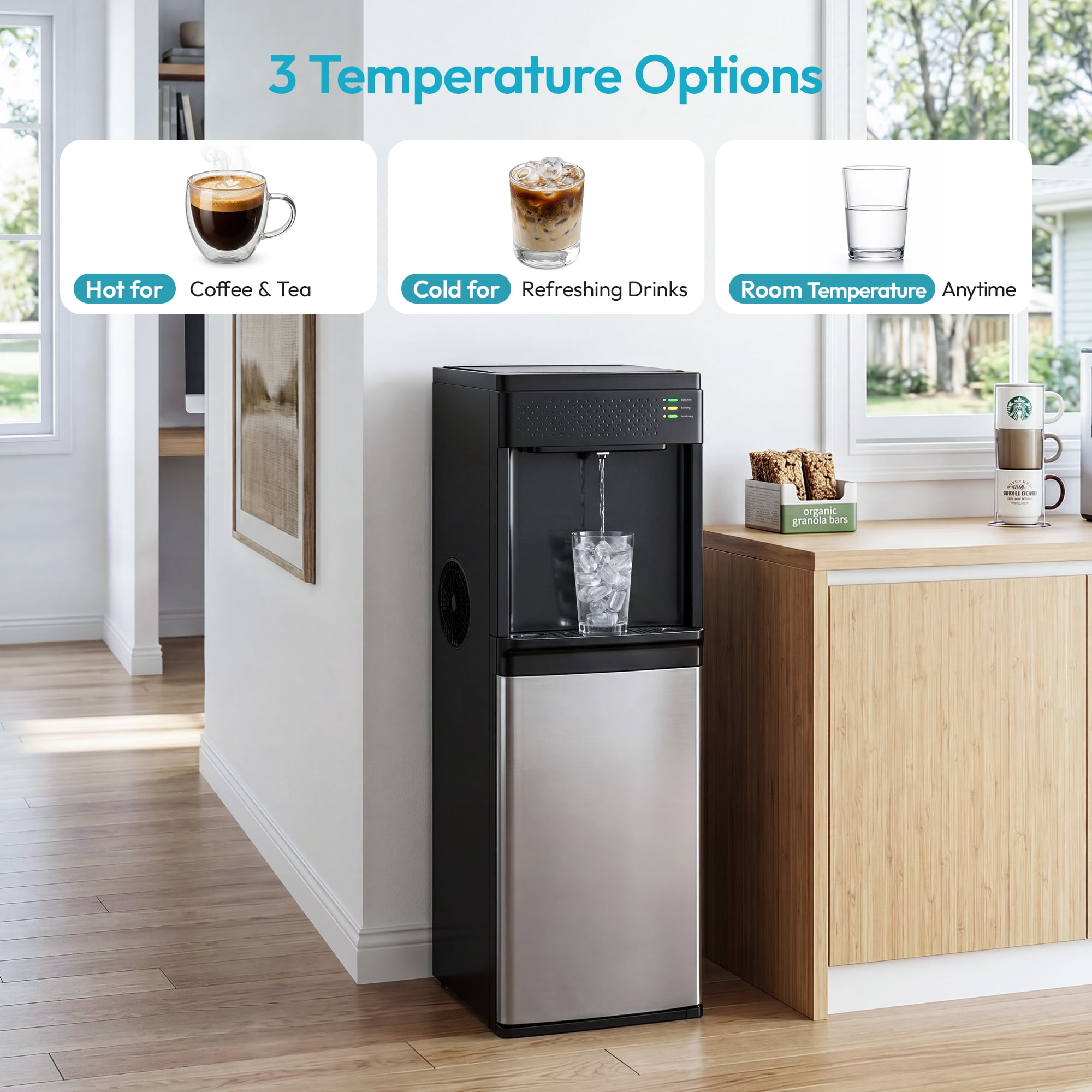 EUHOMY 4-in-1 Water Dispenser with Ice Maker, Cold Hot & Room Temperature Water, Child Safety Lock, Compatible with 3–5 Gallon Bottles for Home/Office, Black and Silver