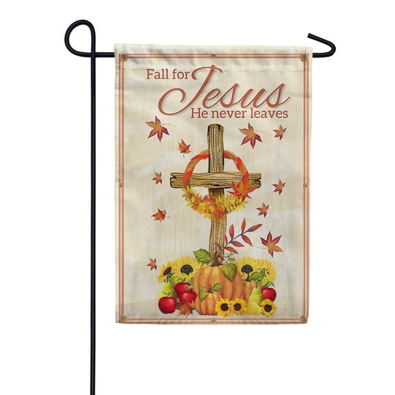 America Forever Fall For Jesus Garden Flag 12.5 x 18 inch He Never Leaves Fall Autumn Harvest Pumpkin Maple Leaf Cross Religious Bible Thanksgiving Yard Outdoor Double Sided Decoration