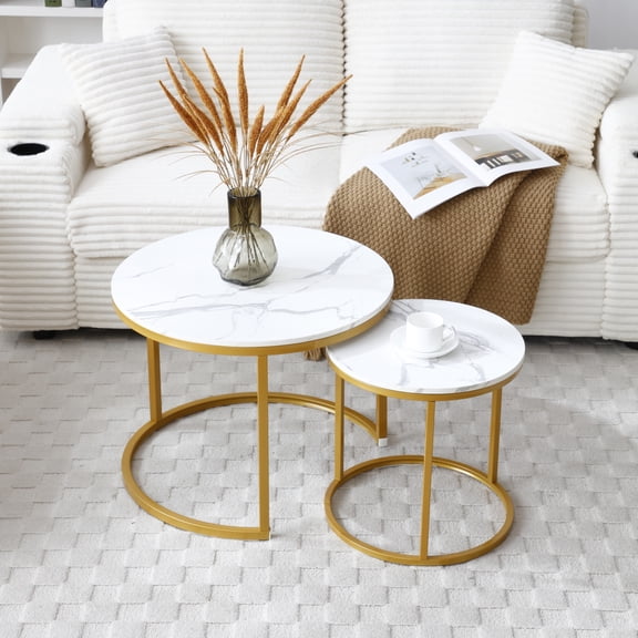 Set of 2 Nesting Coffee Tables, Round Marble Pattern Top with Golden Metal Frame, White & Gray/Black, Modern Industrial Side Tables for Living Room Bedroom