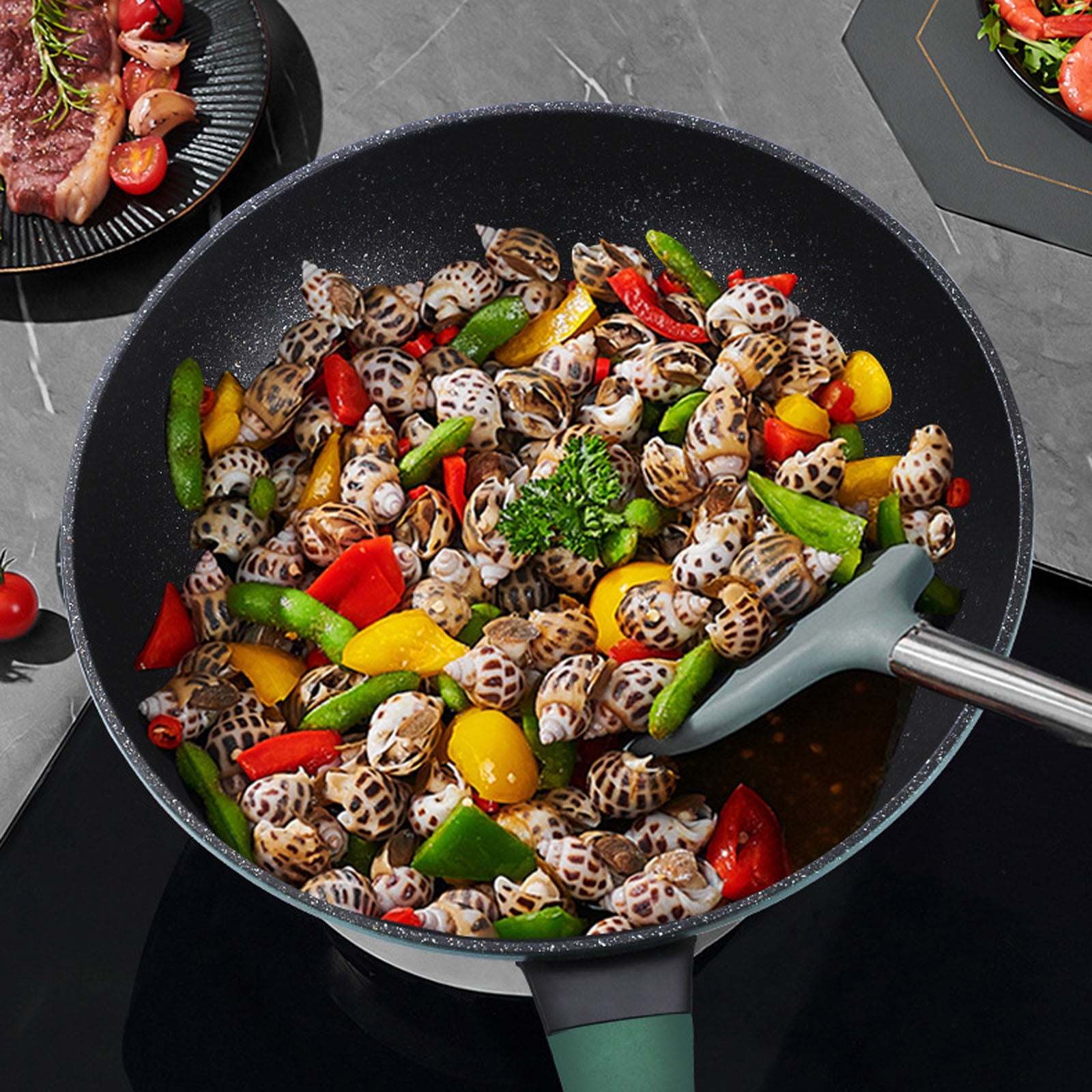 Nonstick Wok with Lid,12 inch Stir-Fry Pans with Anti-Scald Handle & Steamer Basket, Flat Bottom Woks Pan, Multifunctional Cooking Wok Deep Frying Pan, Non Stick Stir-Fry Pan Suitable All Stovetops,