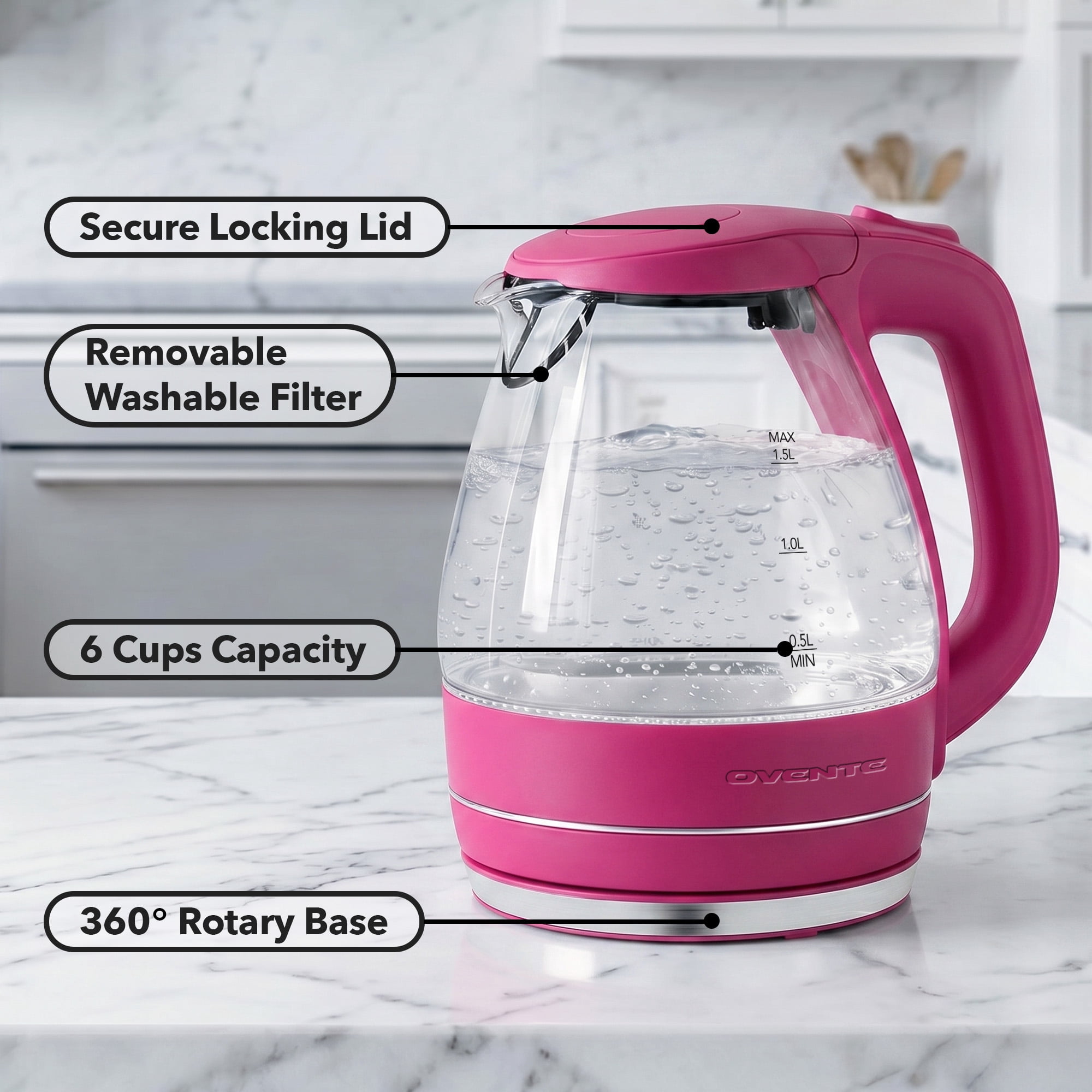 OVENTE 1.5L Glass Electric Kettle Water Boiler, Pink KG83F | 1100W Fast Boiling, Borosilicate Glass, BPA-Free, Blue LED, Auto Shut-Off, Boil-Dry Protection, Removable Filter, 360° Base