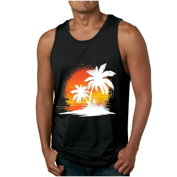 ZCFZJW Mens Tropical Palm Tree Print Summer Sleeveless Fitness Vest Big and Tall Regular Fit Bodybuilding Stringers Workout Tank Tops Black XXXXL