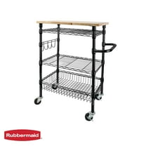 Rubbermaid 3-Tier Heavy Duty Black Rolling Utility Cart with Solid Wood Top, 300lb Capacity