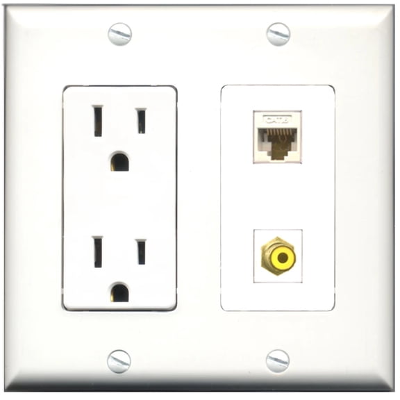 Ultra Spec Cables 15 Amp Power Outlet 1 Port RCA Yellow 1 Port RCA Green Wall Plate