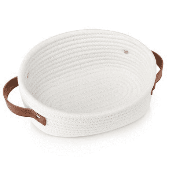 Small Woven Basket, Mini Cotton Rope Storage Basket, Tiny White Easter Basket, Oval Drative Toy Dog Cat Basket for Nursery, Empty Gift Baskets for Mother's Day, 9.4" x 5.9" x 3.9" XS
