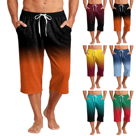 Mens Swim Trunks Men's Gradient Print Casual Drawstring Cropped Capri Pants Resort Swim Trunks Beach Shorts with Elastic Waist Quick-Dry Summer Pants for Vacation Travel Black L