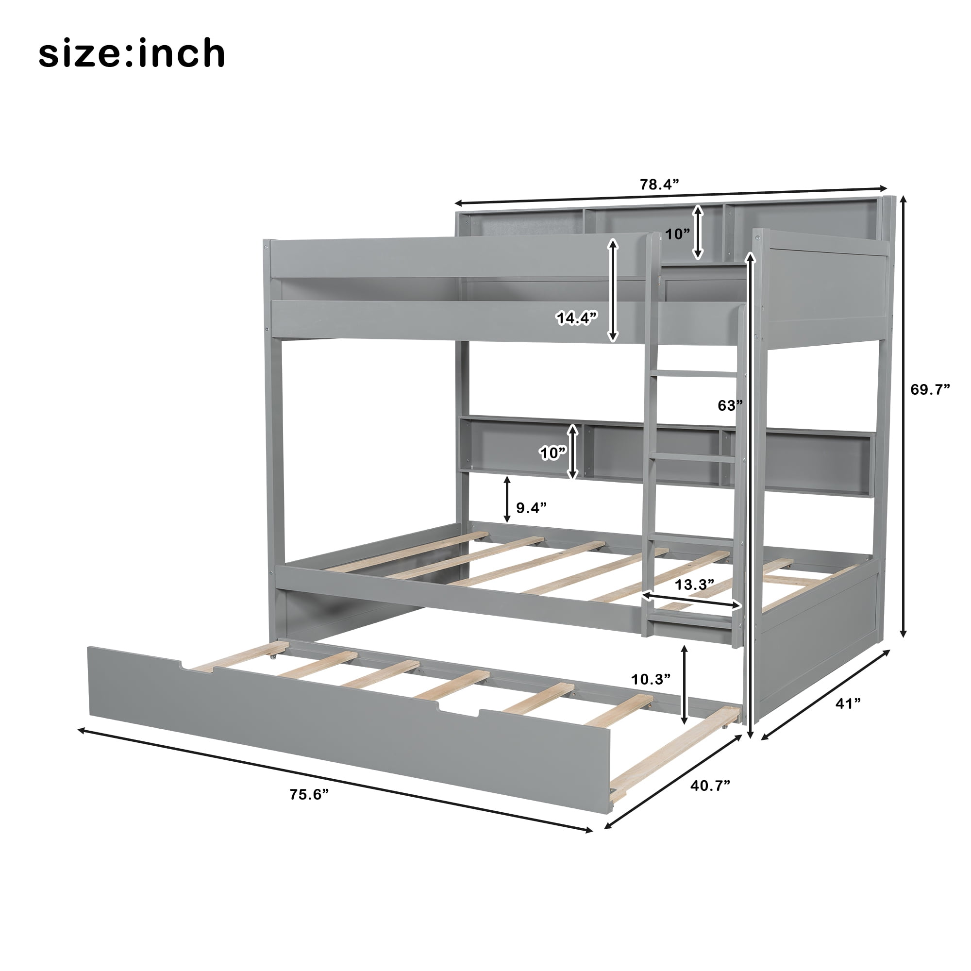 Euroco Wood Twin over Twin Bunk Bed with Storage Shelves and Trundle, Gray