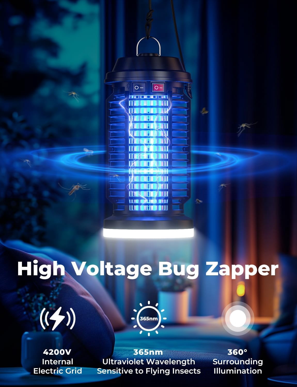 Bug Zapper Outdoor Indoor Waterproof Electric Mosquito Lamp Fly Zapper Killer Effective 4200V Plug in for Home Patio Office Courtyard